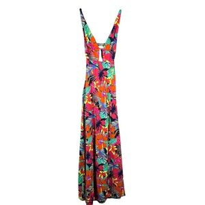 Maaji Flowering Crystal Maxi Dress Pink Bright Tropical Hibiscus Vacation Small